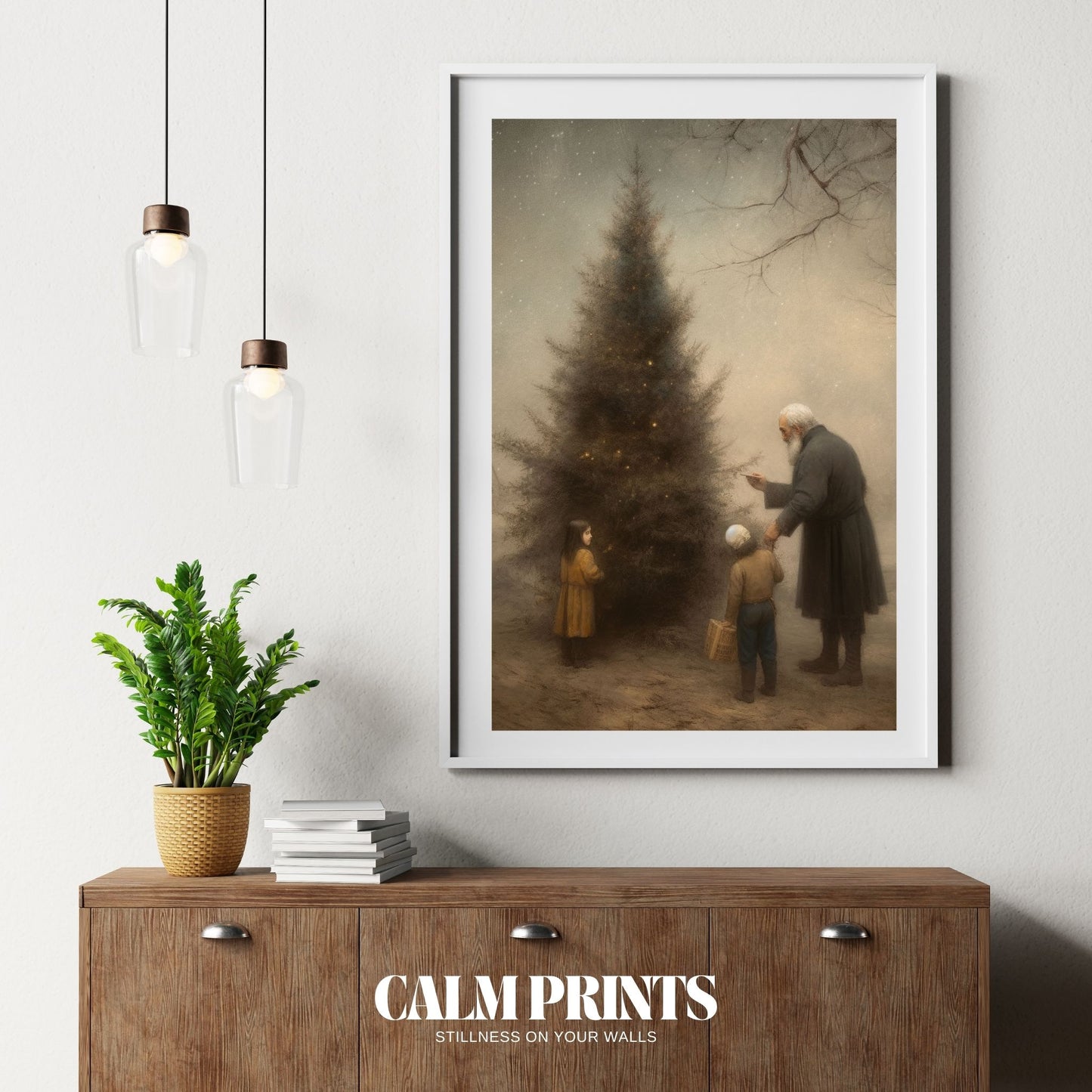 Poster of a cosy outdoor setting with a family decorating a Christmas tree
