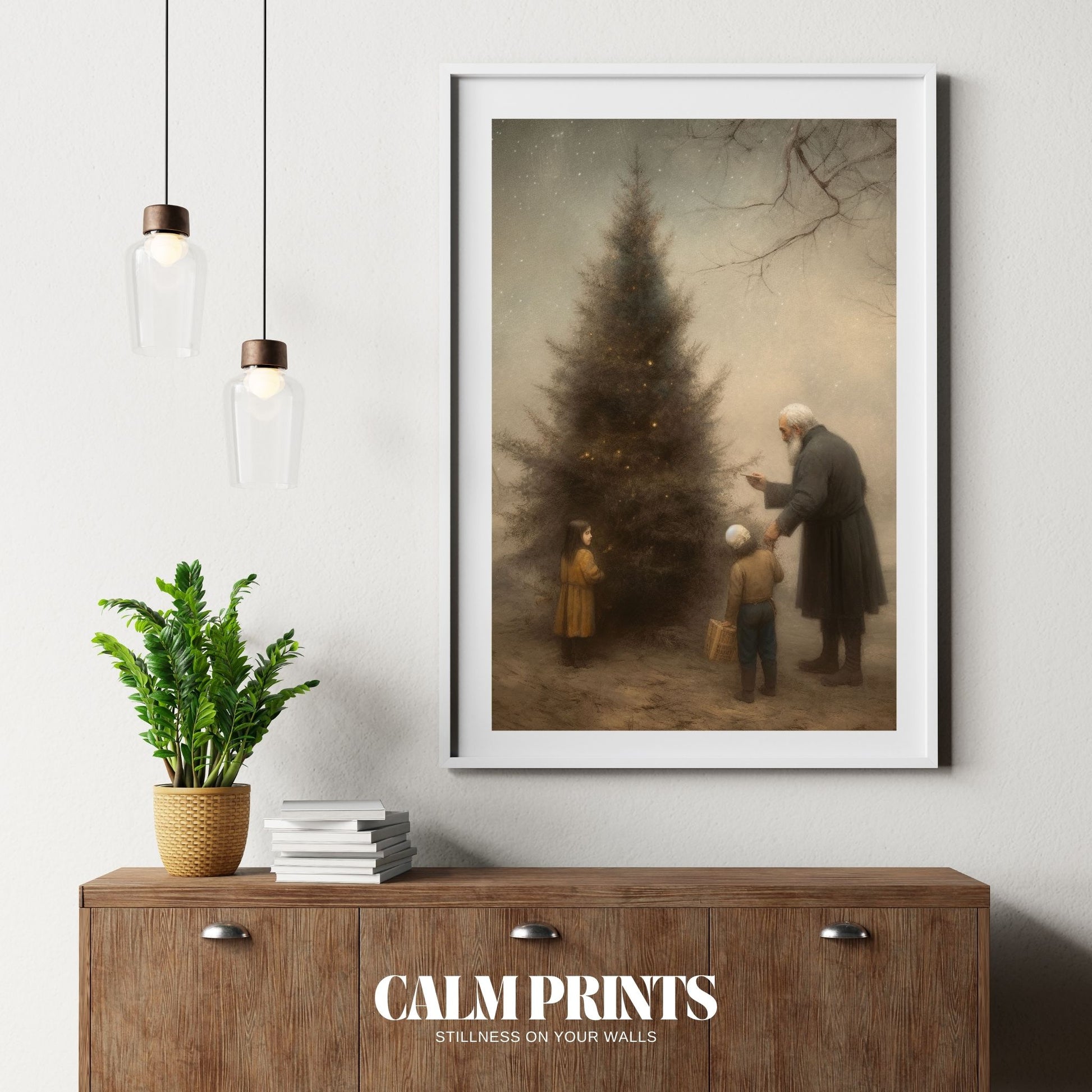 Poster of a cosy outdoor setting with a family decorating a Christmas tree
