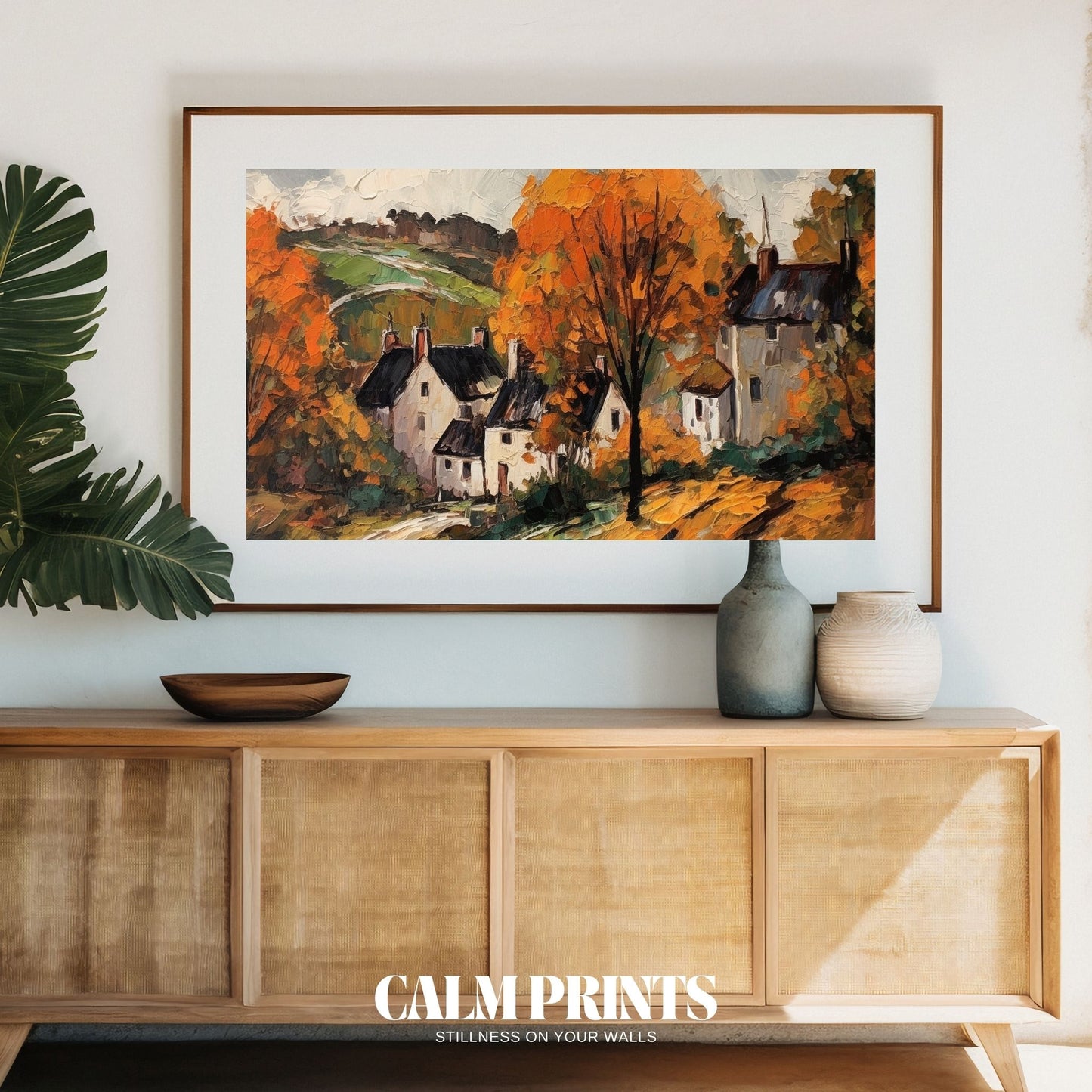 Cosy village on a hillside with warm autumn tones and tranquil air