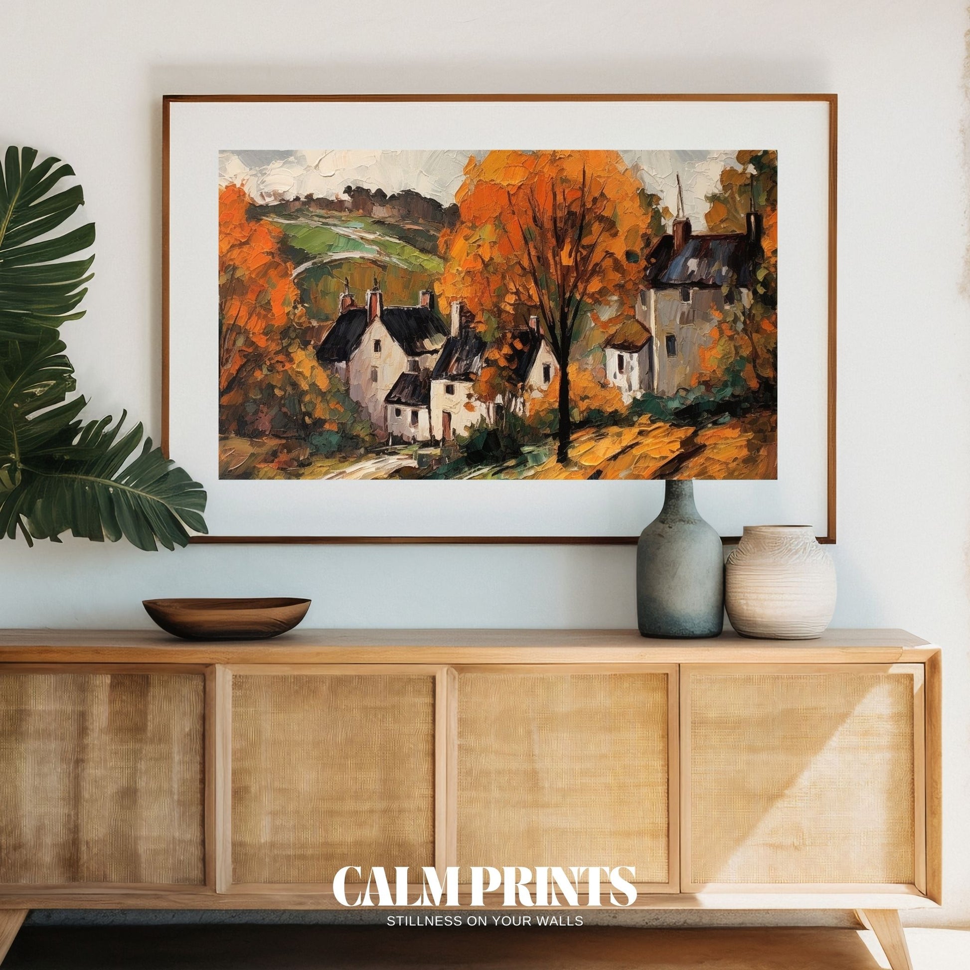 Cosy village on a hillside with warm autumn tones and tranquil air