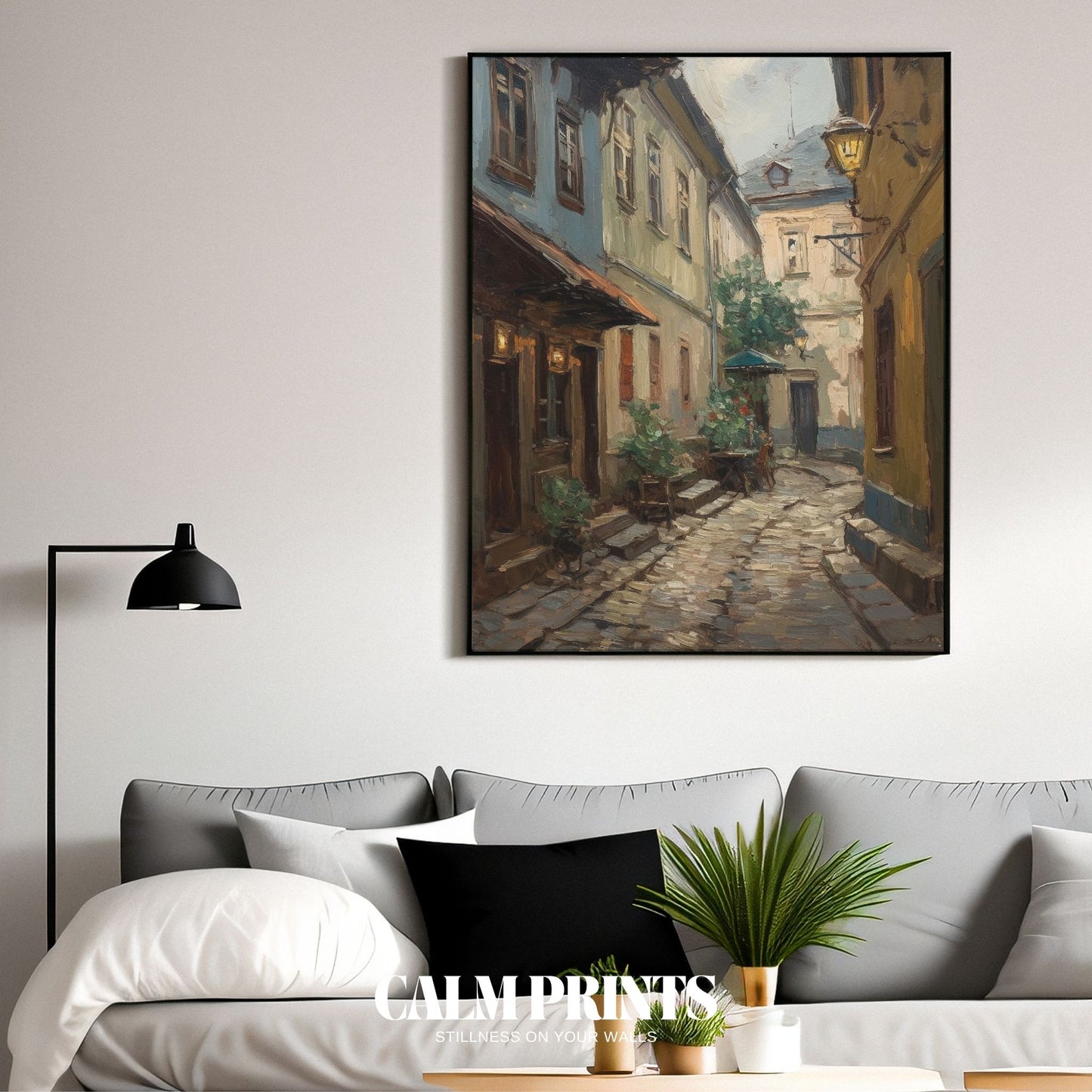 Cosy village street with weathered cobblestones and timeless appeal
