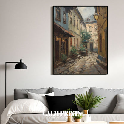 Cosy village street with weathered cobblestones and timeless appeal
