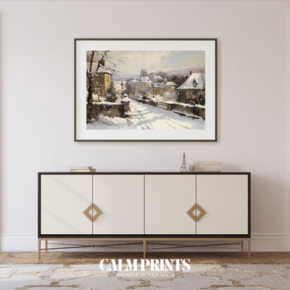 Poster of cosy village homes resting quietly under fresh winter snow
