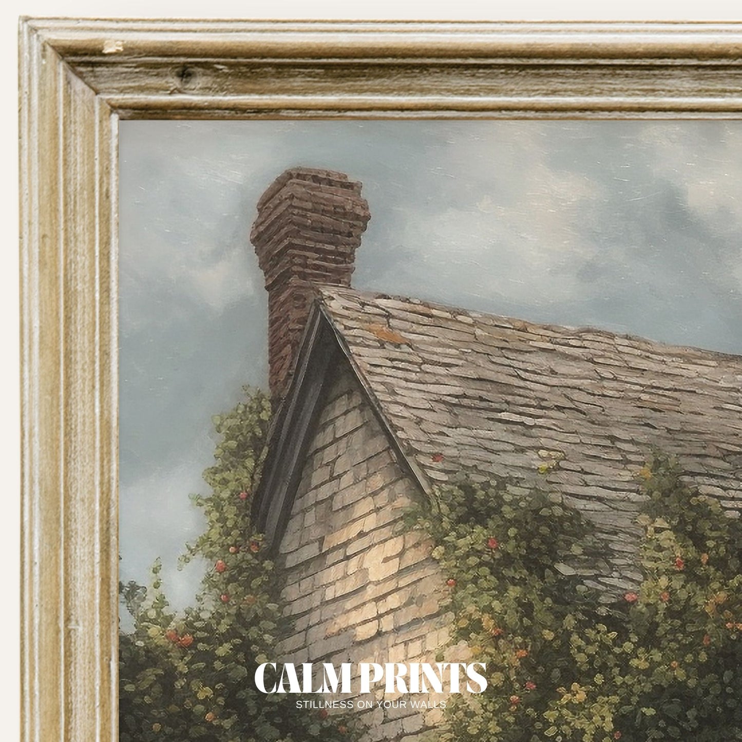 Print of a rustic cottage with pink roses climbing the stone walls
