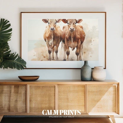 Artwork of two country cows side by side in soft watercolour detail
