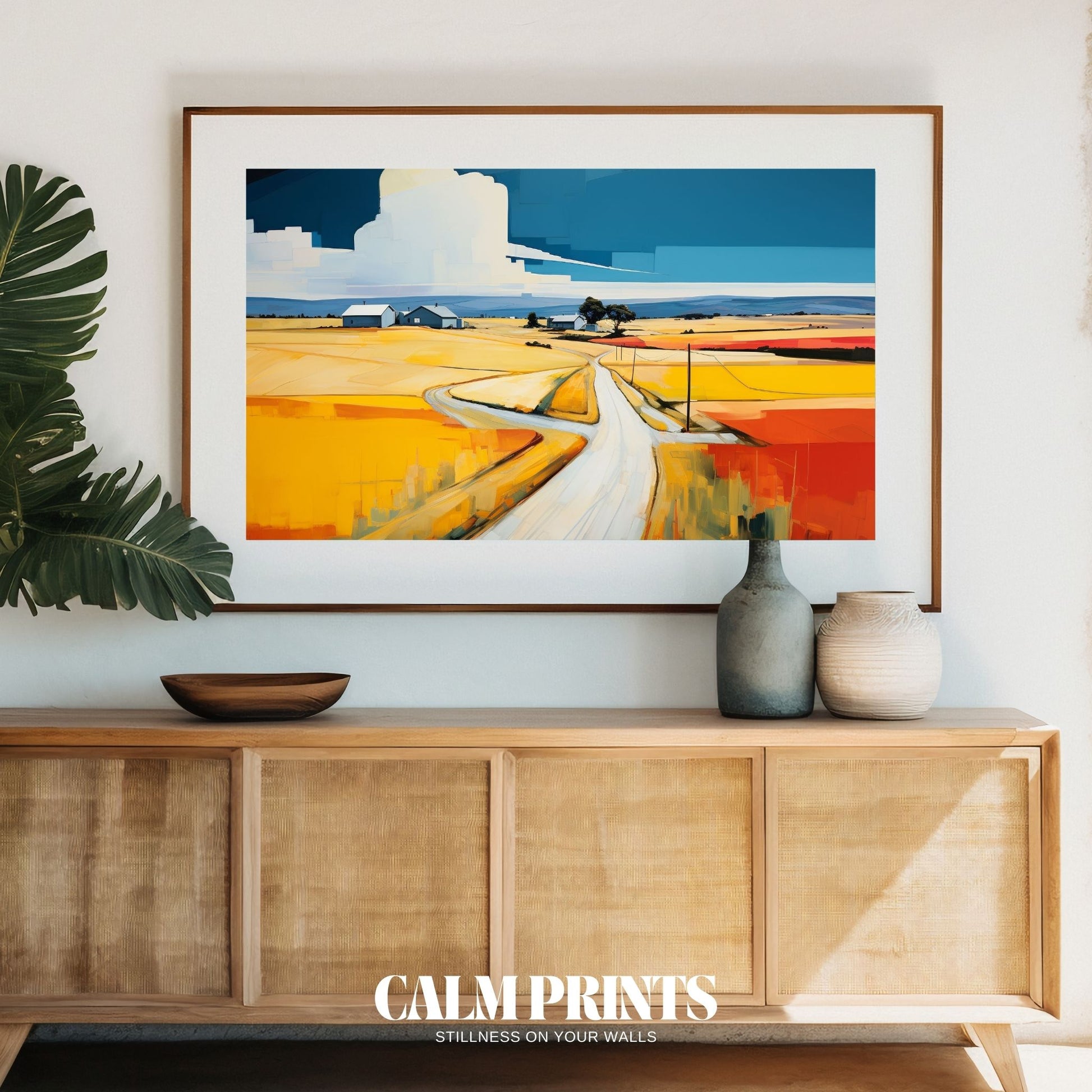 Poster of blooming country fields in rich tones and warm natural light
