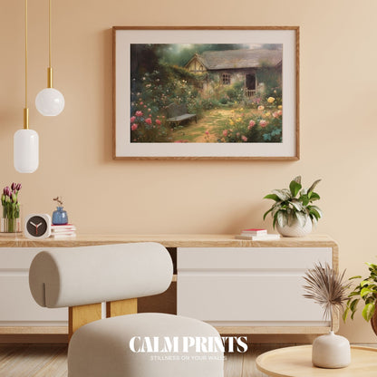 Tranquil country garden with a white cottage and cheerful flower beds
