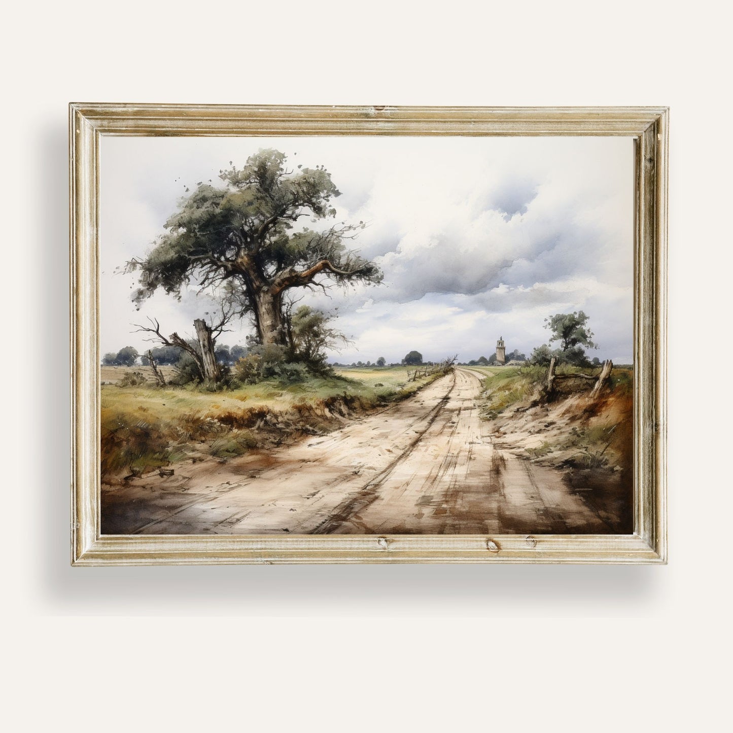 Peaceful country road winding past a lone tree and distant stone tower
