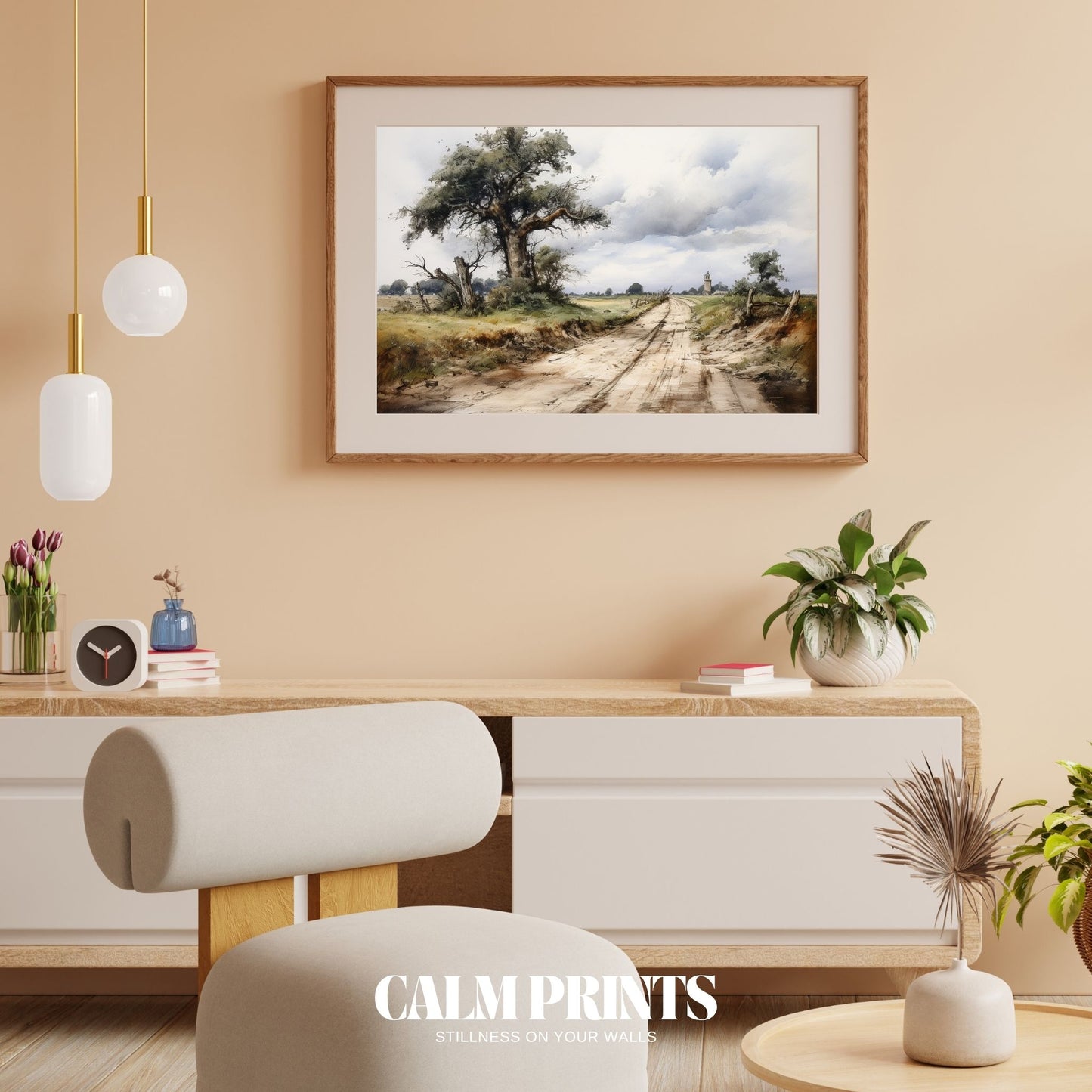 Print of a calm country scene with a road, a tree, and a rustic tower
