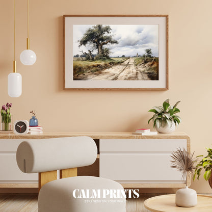 Print of a calm country scene with a road, a tree, and a rustic tower
