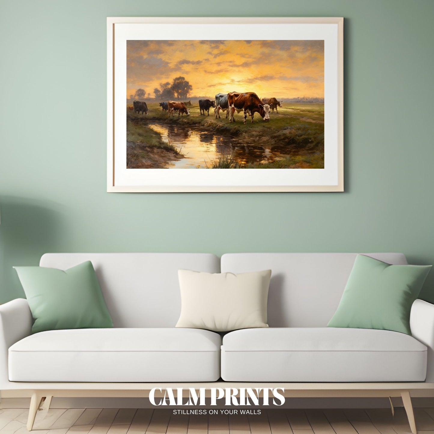 Print of a country stream glowing in sunset tones with cows nearby
