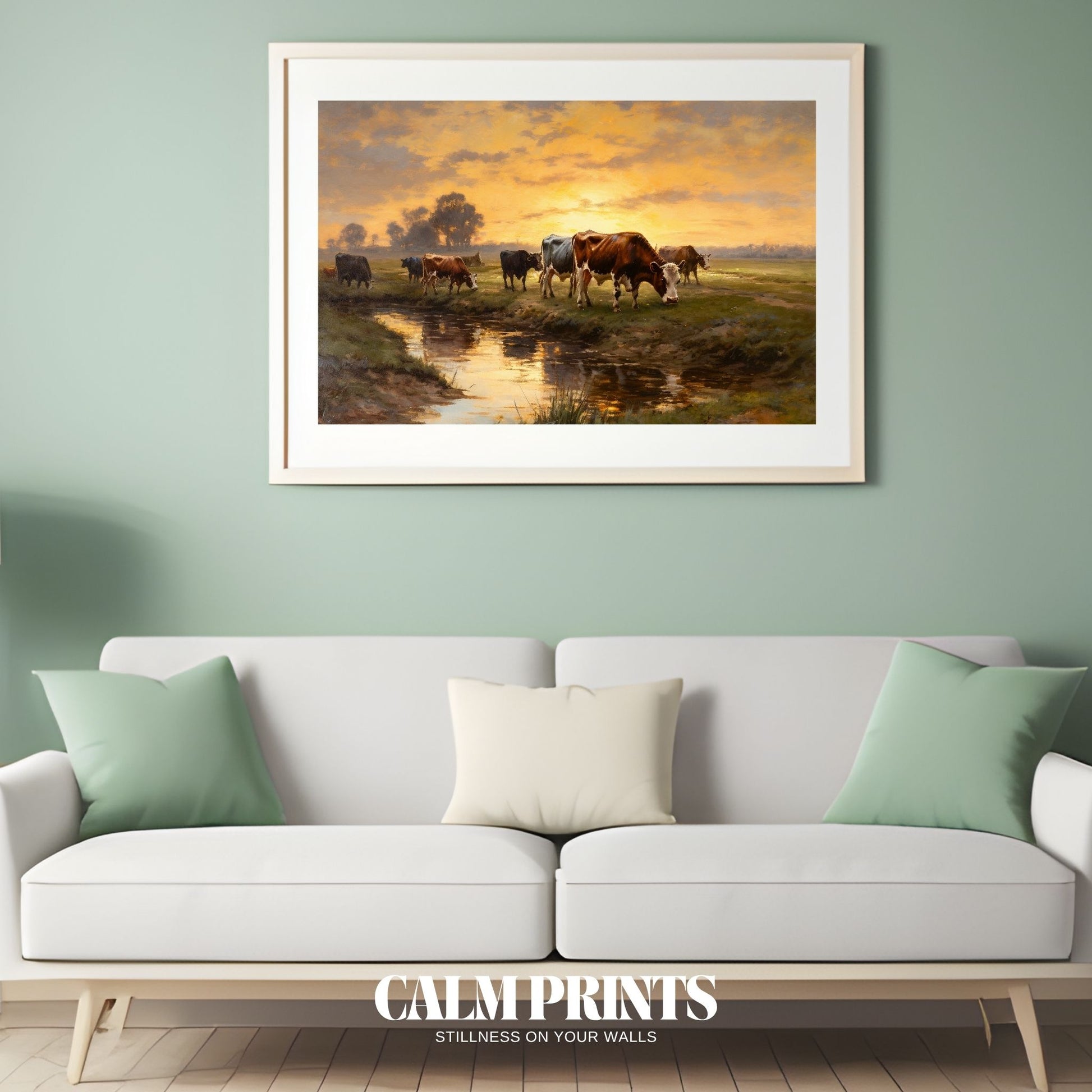 Print of a country stream glowing in sunset tones with cows nearby
