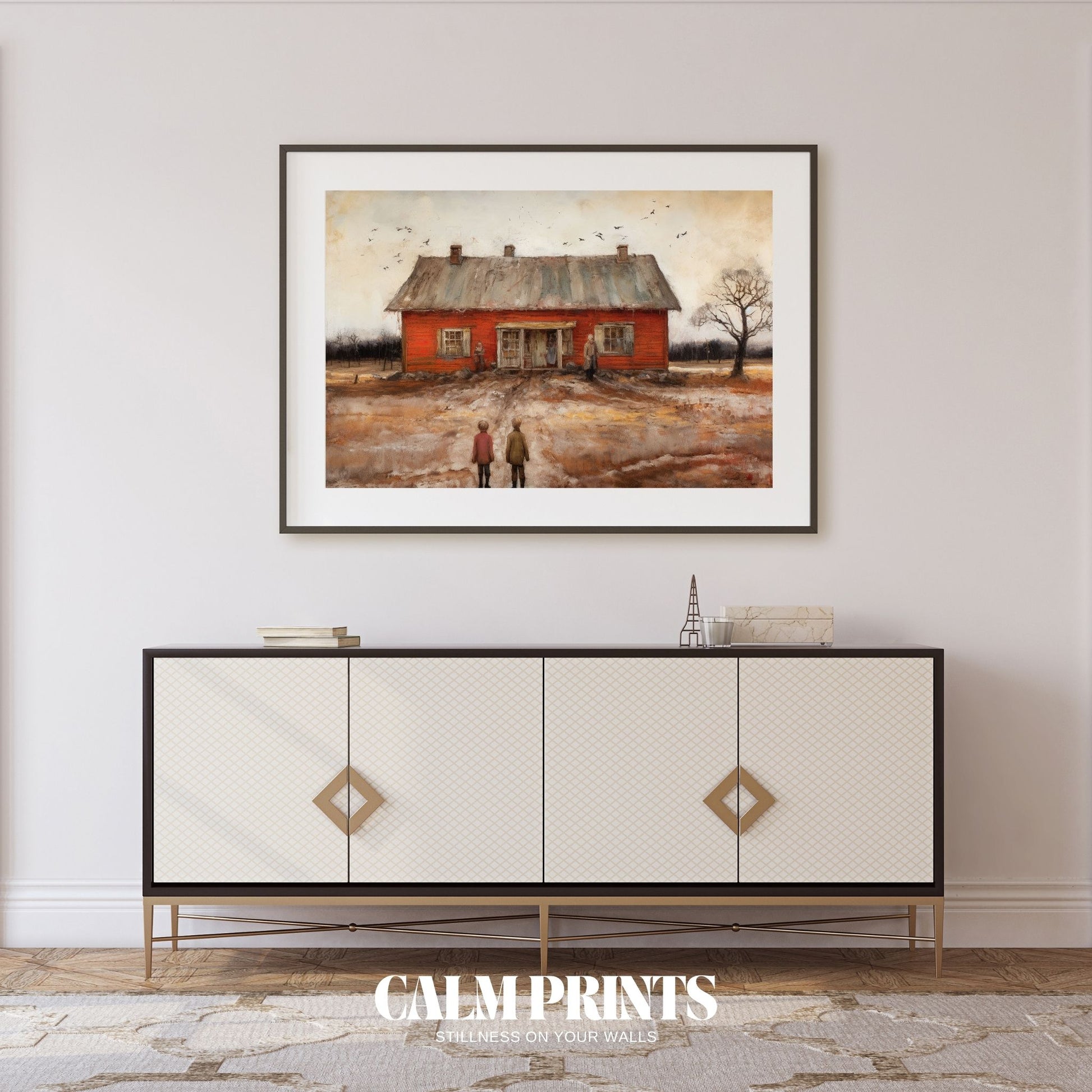 Artwork of a countryside home with a winding path through a garden
