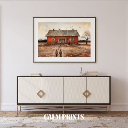 Artwork of a countryside home with a winding path through a garden
