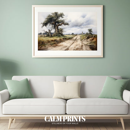 Poster of a countryside lane with a silhouetted tower and tranquil tree

