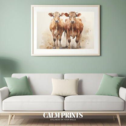 Watercolour scene of two cows in a peaceful rural farm setting
