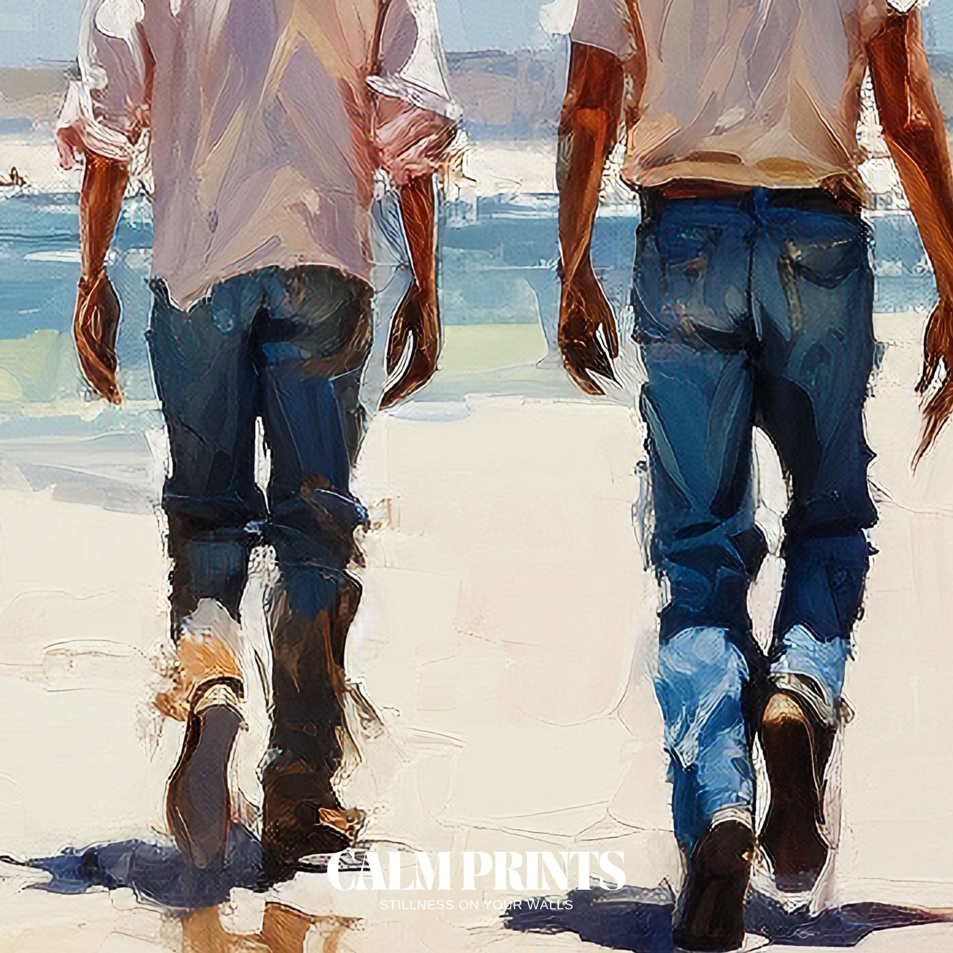 Print of cowboys on horseback strolling along a calm and sandy coast
