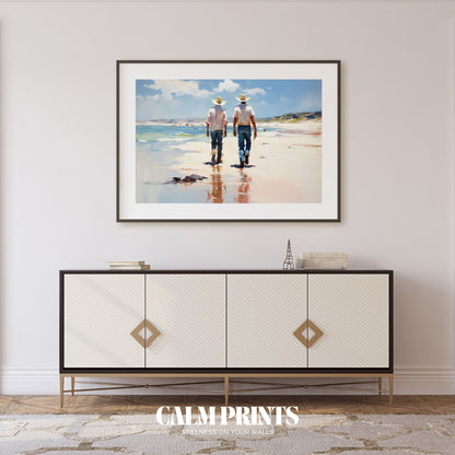 Artwork of cowboys walking the beach at sunset with horses and shadows
