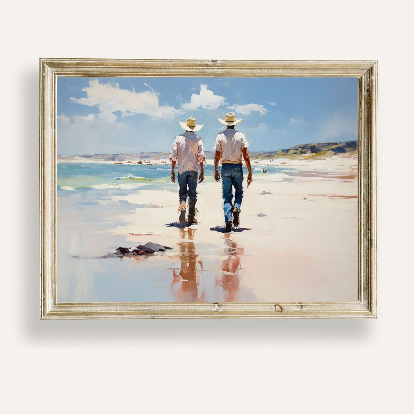 Two cowboys strolling along the quiet shoreline beneath a vast sky
