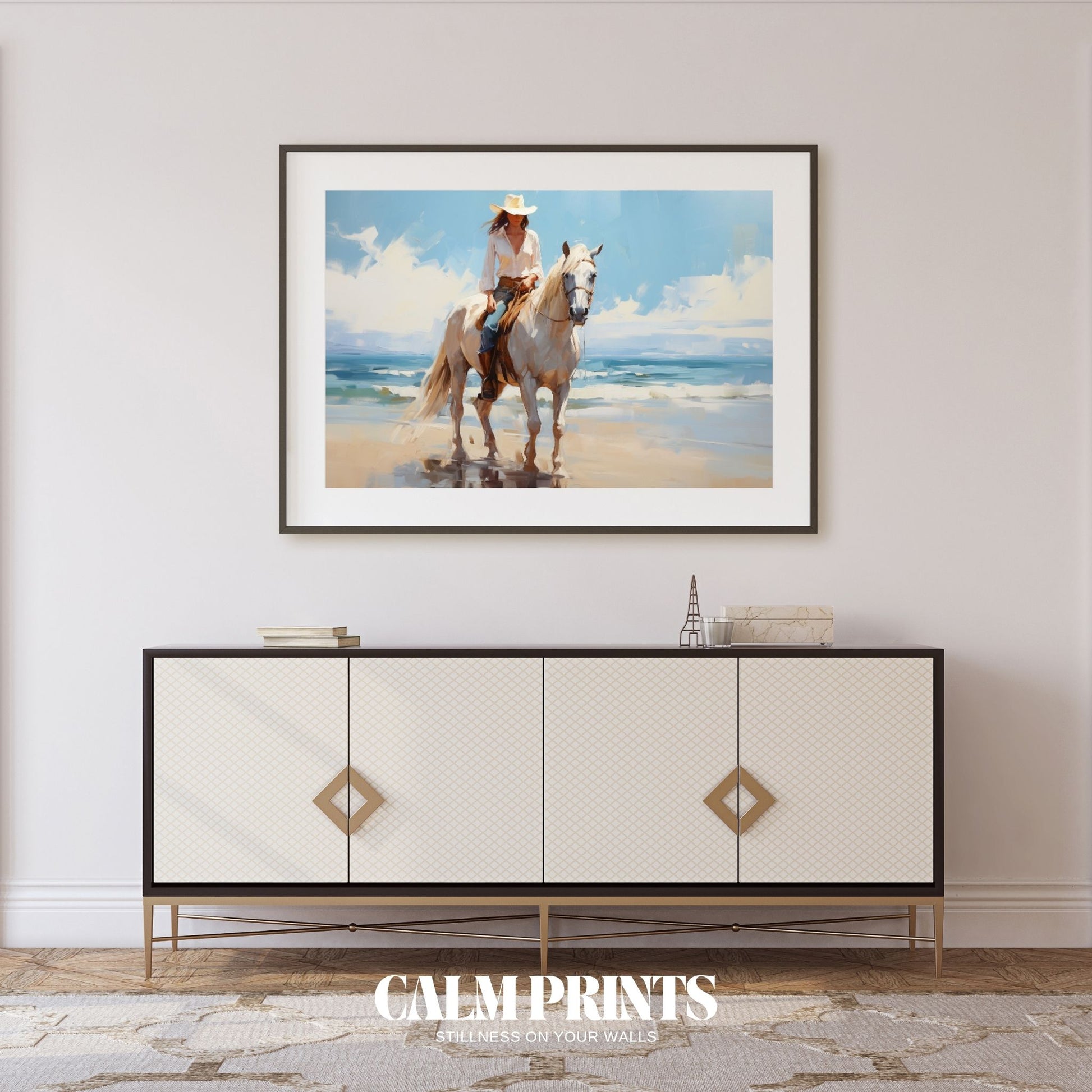 Silhouette of a cowgirl on horseback set against a peaceful seaside backdrop
