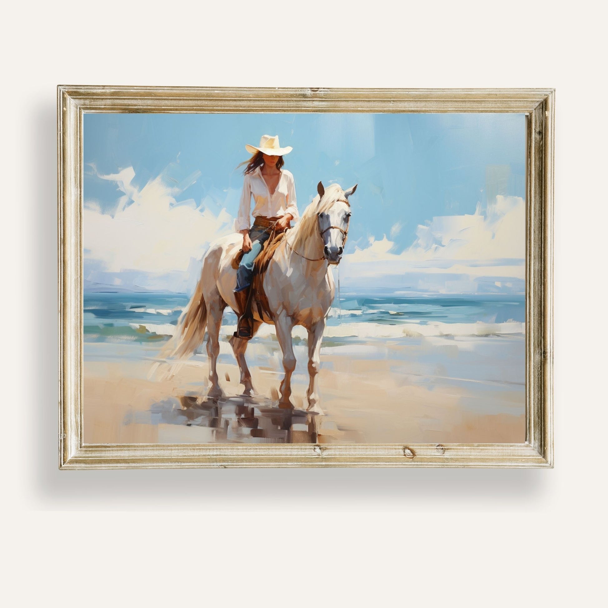 Cowgirl riding her horse along the shoreline on a calm and sunny summer day
