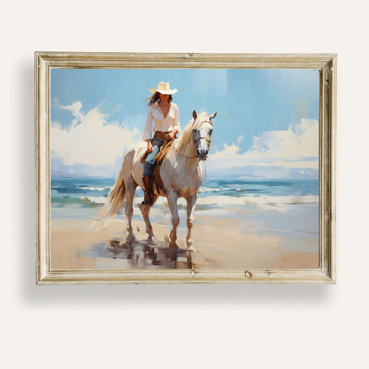 Cowgirl riding her horse along the shoreline on a calm and sunny summer day

