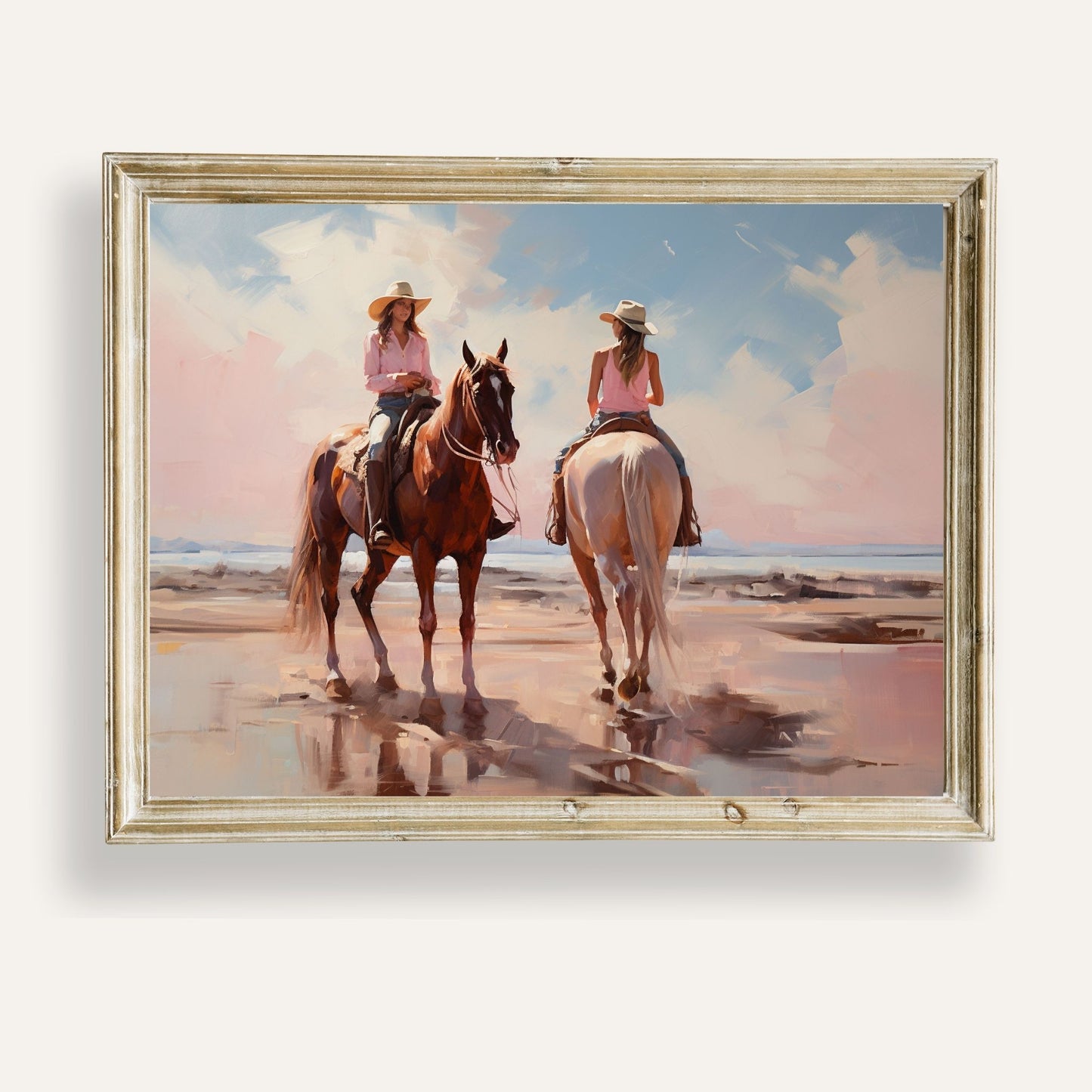 Cowgirls riding horses beneath a vast open sky across a sweeping landscape
