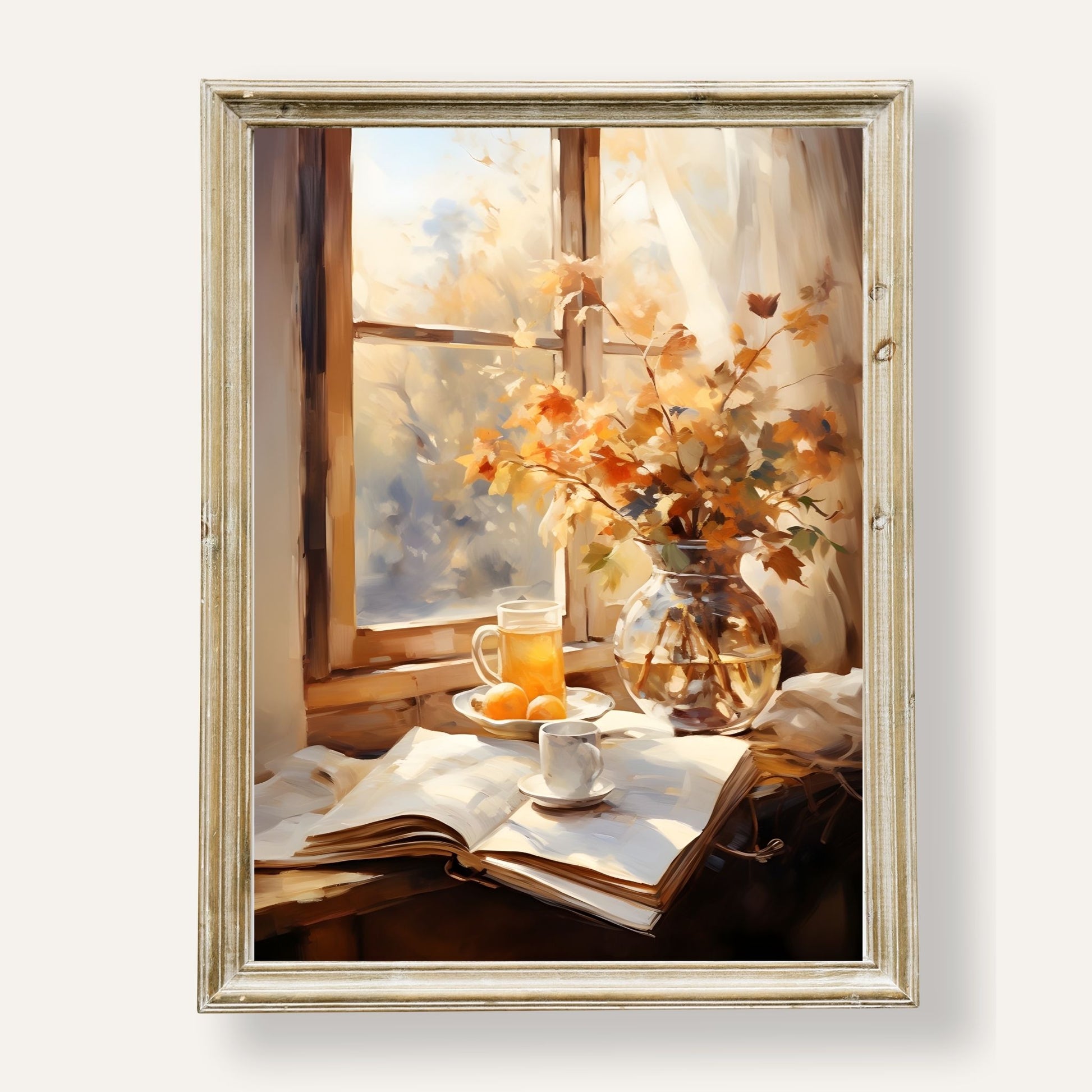 Cosy autumn moment with a book by the window, surrounded by warm tones and falling leaves

