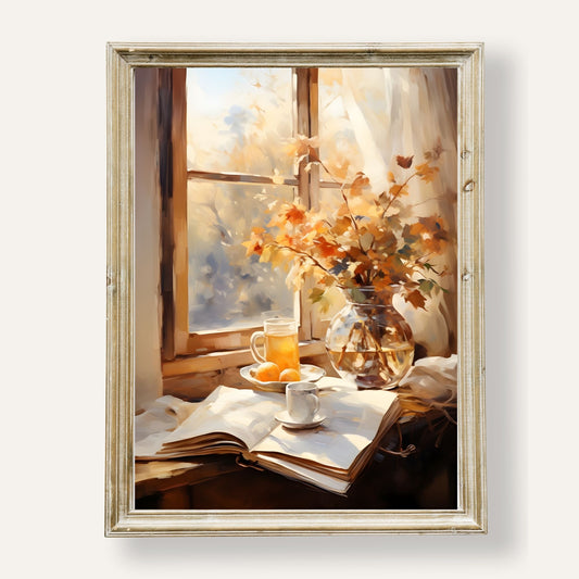 Cosy autumn moment with a book by the window, surrounded by warm tones and falling leaves
