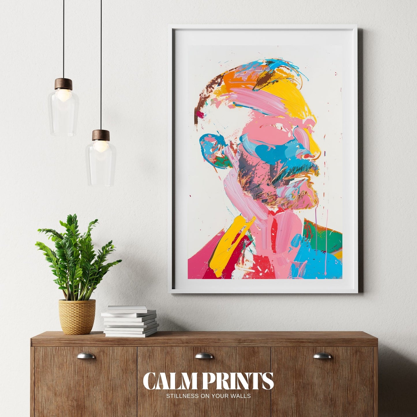 Creative painting of a human face in abstract style with energetic hues
