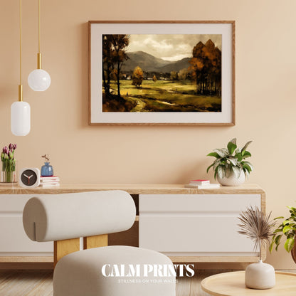 Scenic autumn print evoking crisp air and golden leaf-strewn paths