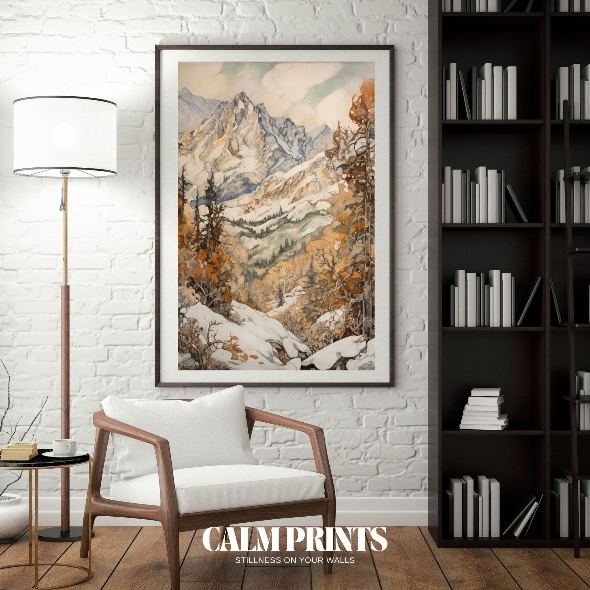 Snowy mountain range under crisp autumn skies and fiery foliage