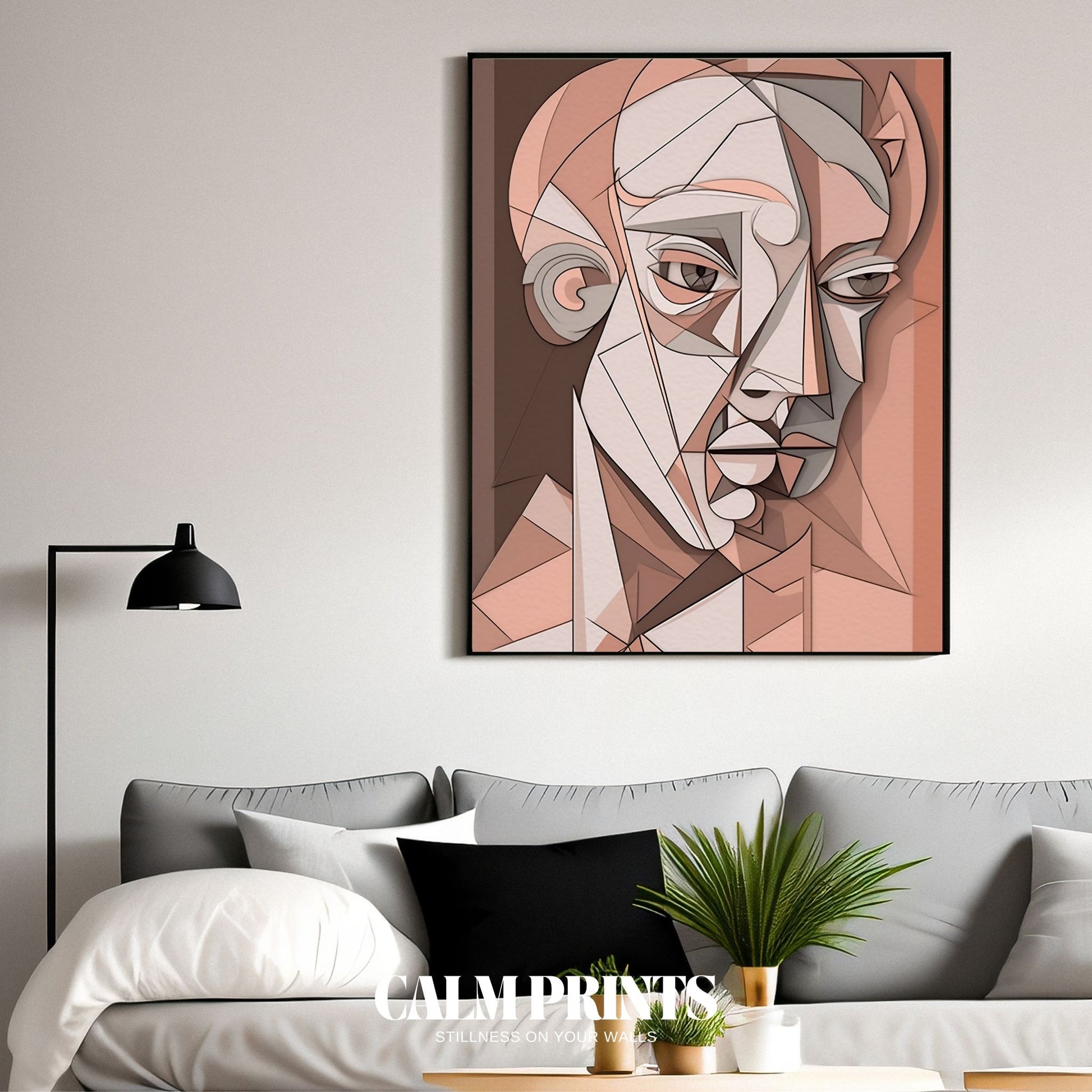 Cubist-inspired abstract face print with colourful geometric elements