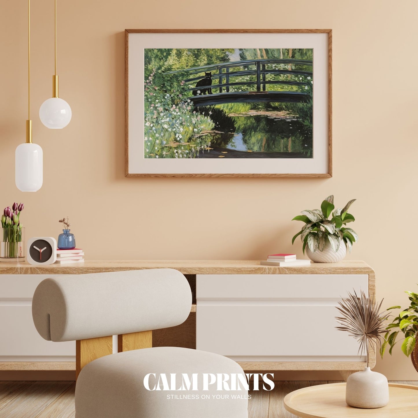 Curious cat standing on a small bridge in a verdant garden setting
