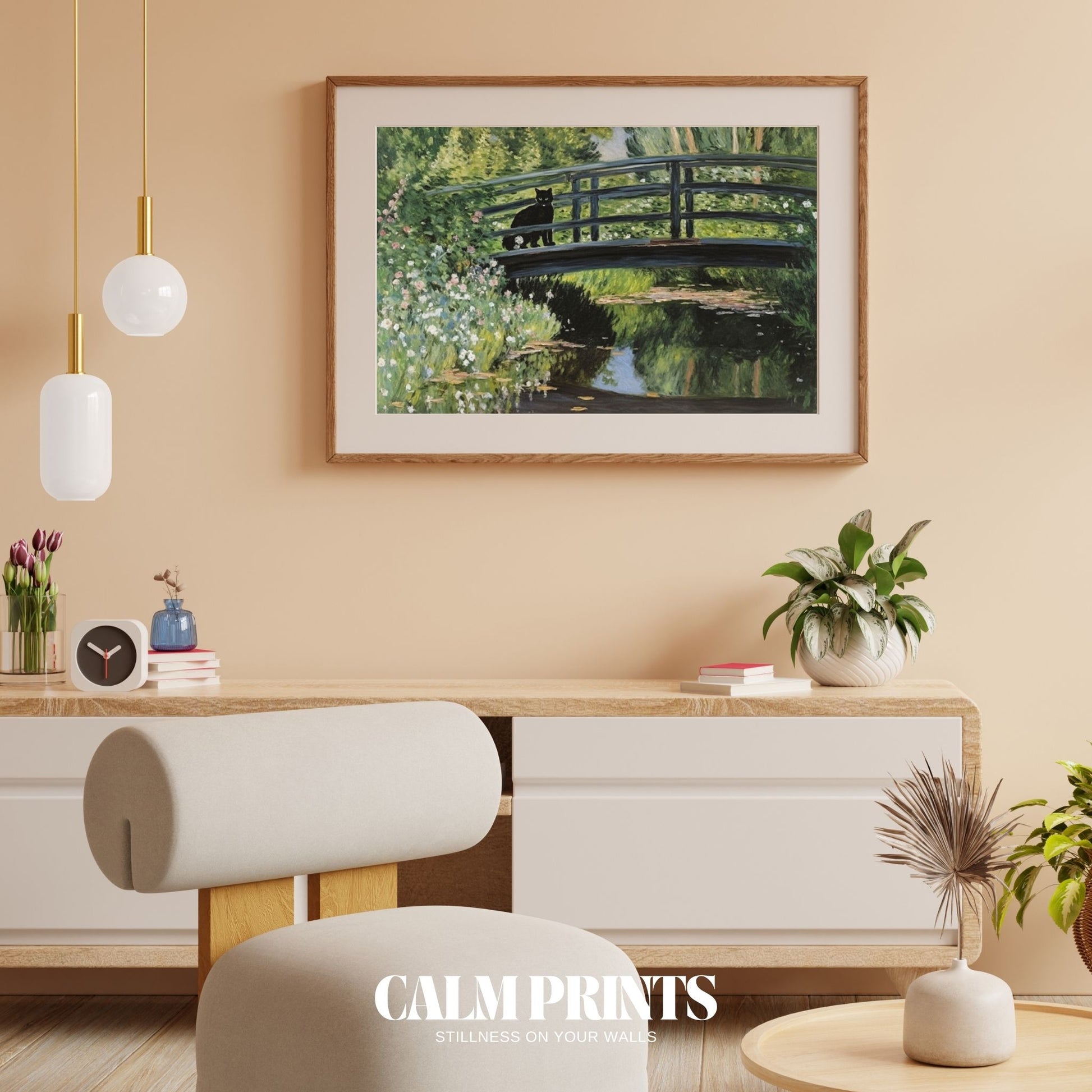 Curious cat standing on a small bridge in a verdant garden setting
