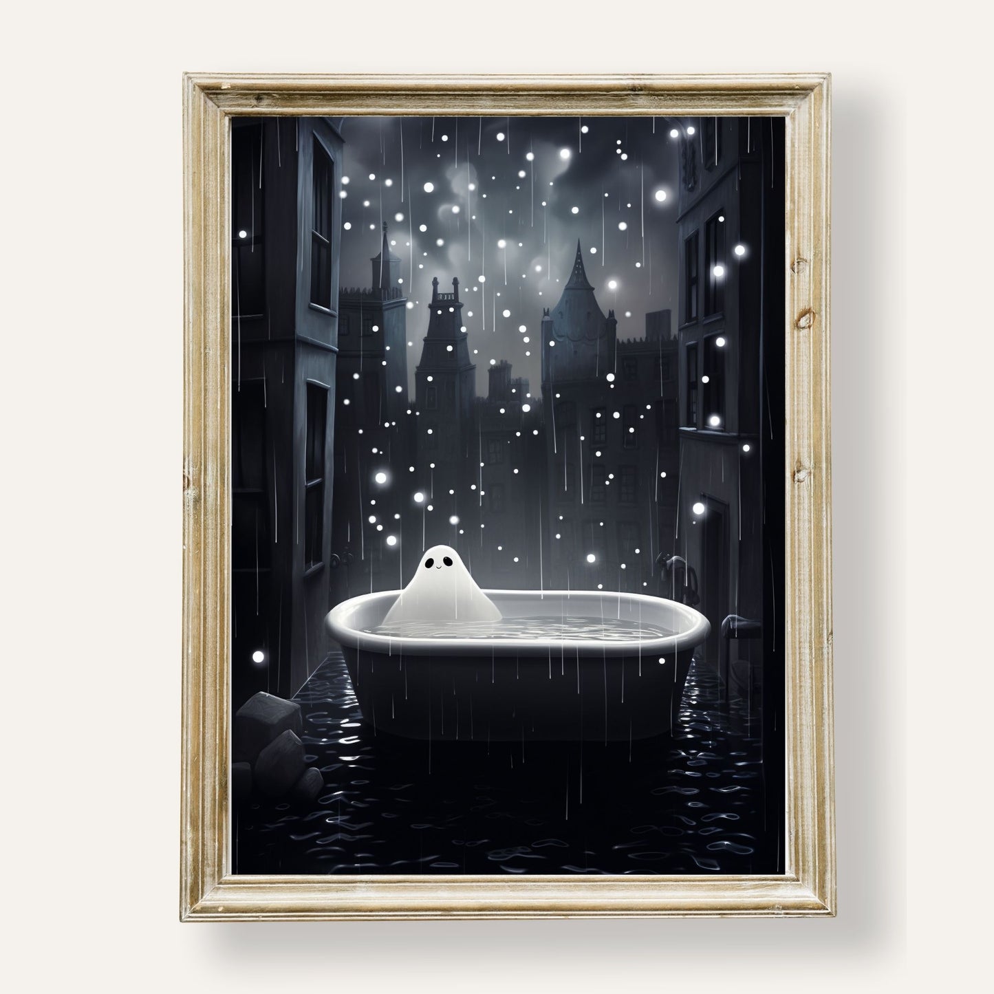 Adorable ghost soaking in a bathtub beneath a rainy sky with a peaceful vibe
