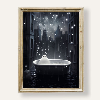 Adorable ghost soaking in a bathtub beneath a rainy sky with a peaceful vibe

