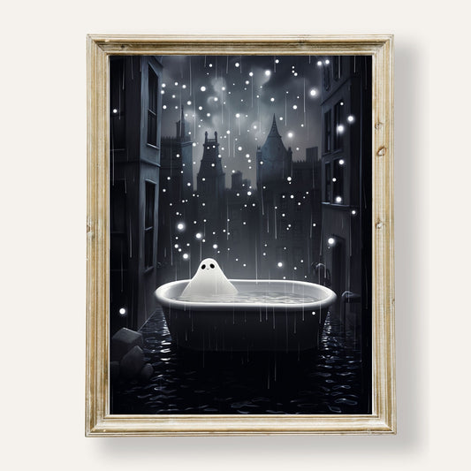 Adorable ghost soaking in a bathtub beneath a rainy sky with a peaceful vibe
