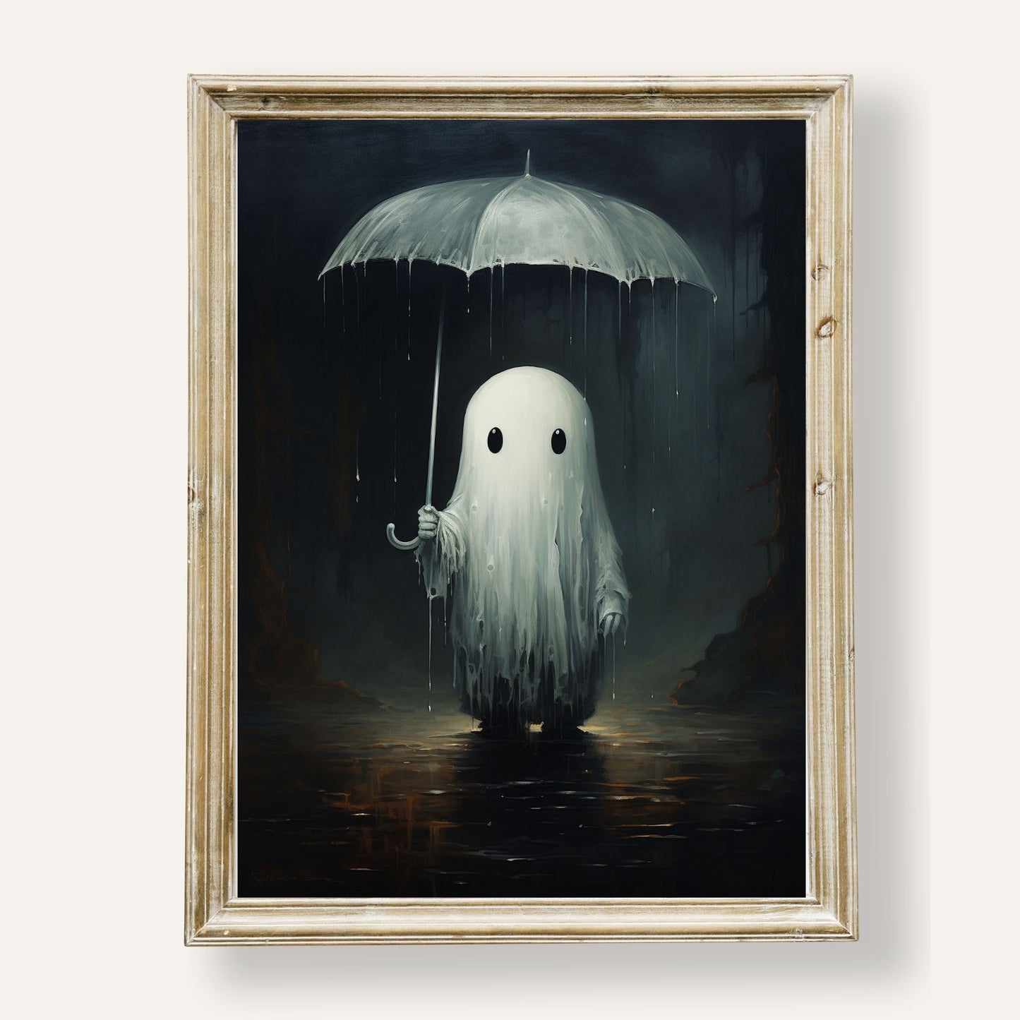 Adorable ghost holding an umbrella in the gentle rain of a dark, moody night
