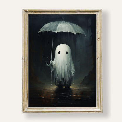 Adorable ghost holding an umbrella in the gentle rain of a dark, moody night
