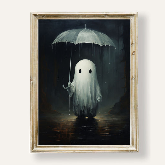 Adorable ghost holding an umbrella in the gentle rain of a dark, moody night
