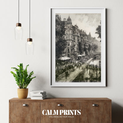 Artwork capturing daily life on a vibrant urban street in soft tones
