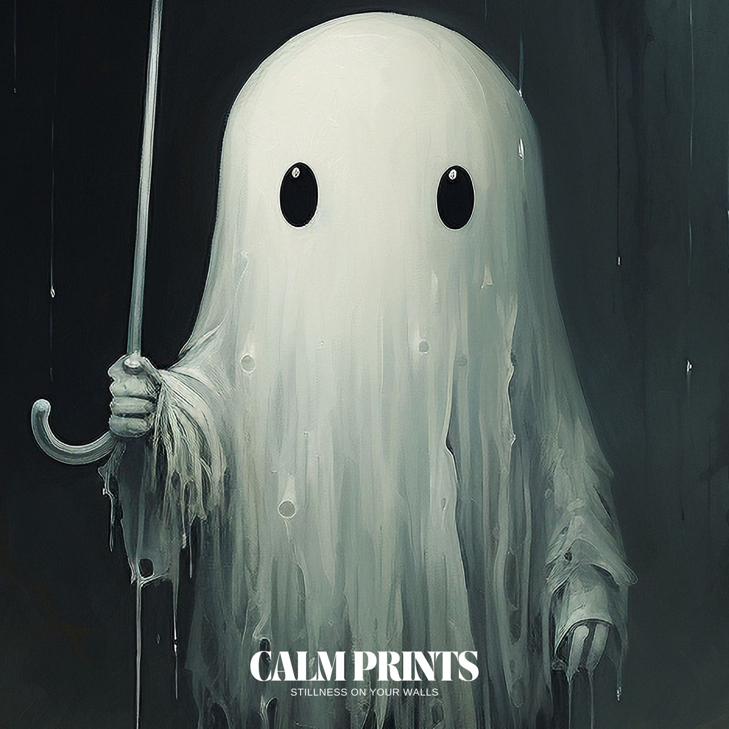 Poster of a gentle ghost taking a peaceful walk in the dark, rainy weather
