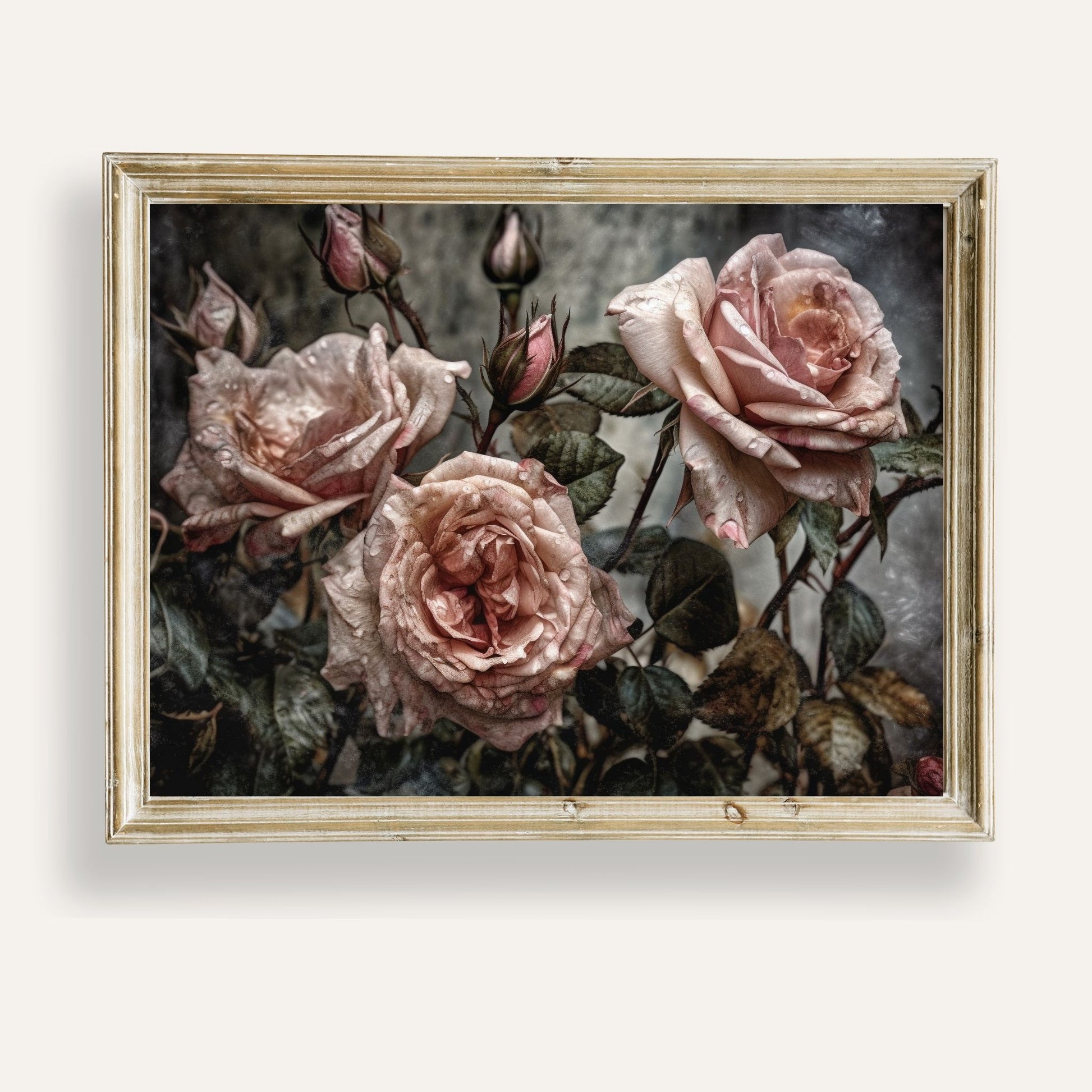 Soft vintage roses kissed by morning dew, captured in delicate artistic detail
