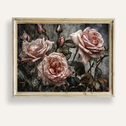 Soft vintage roses kissed by morning dew, captured in delicate artistic detail
