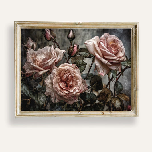 Soft vintage roses kissed by morning dew, captured in delicate artistic detail
