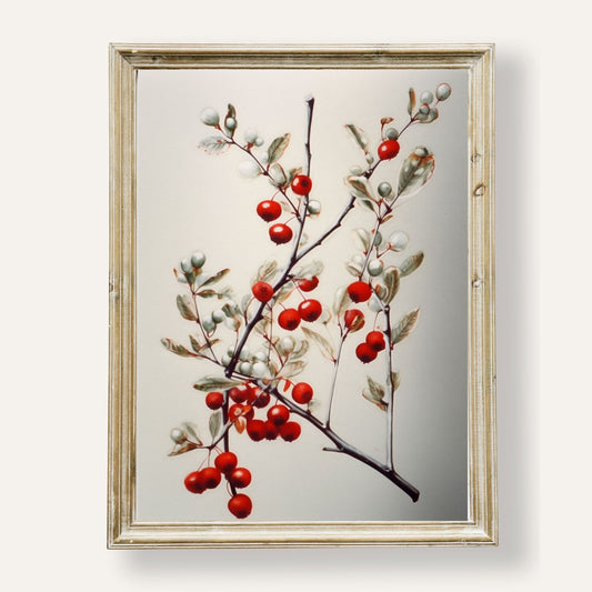 Delicate red berries resting on a slender branch in soft natural light

