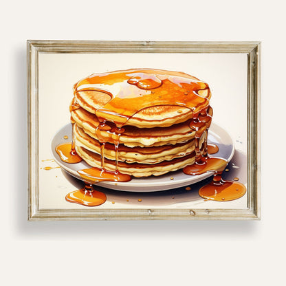 Stack of fluffy pancakes drizzled with golden syrup in a cosy breakfast setting
