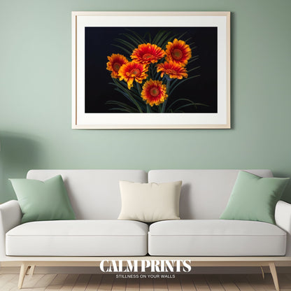 Dramatic floral composition with orange flowers on a black background
