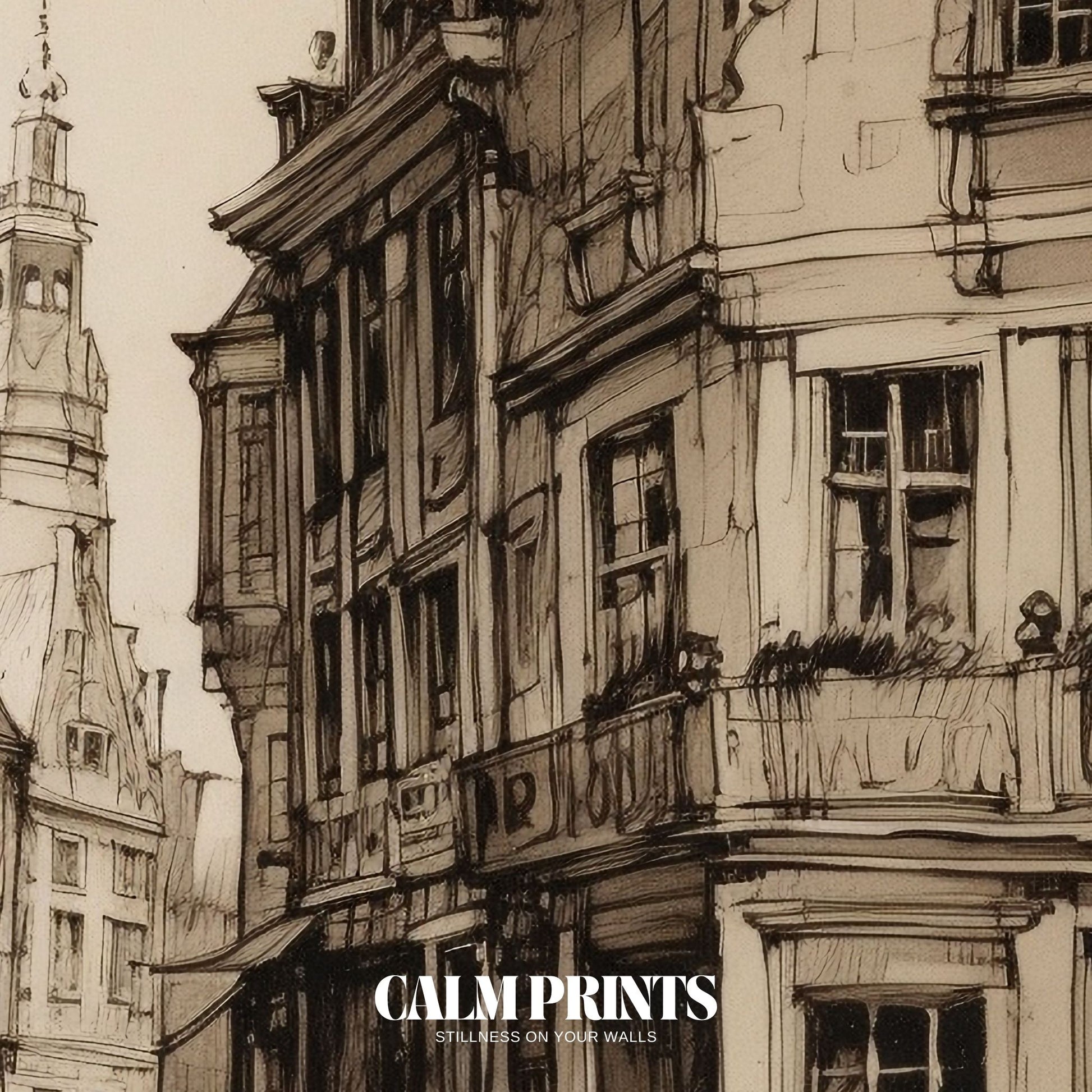 Drawn street scene from a vintage town, full of charm and history
